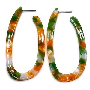 Green and Orange U Shaped Tortoise Shell Acrylic Hoop Post Back Earrings